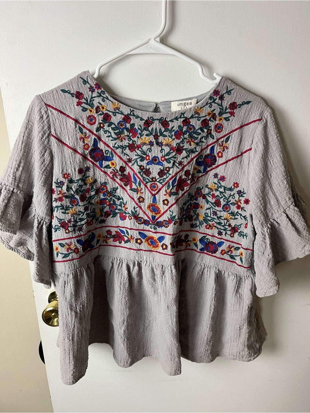 Umgee Gray Embroidered Boho Peasant Top